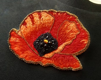 Red poppy flower beadwork embroidery brooch, Fire hand needle beaded jewelry, Rememberance Day Poppy | Gift for women