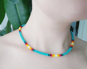 Native American inspired turquoise choker, Southwestern beadwork thin surfer blue necklace, Unisex boho jewelry | Gift for men, woman