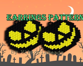 Halloween Pumpkins angry earrings pattern peyote Brick Stitch dangle drop Black Jack Digital Download pattern, Animal children earrings