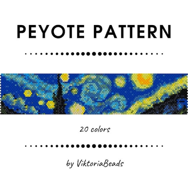 Starry night inspired peyote even stitch pattern, Art picture Van Gogh bracelet, Blue beadwork Delica seed beads cuff