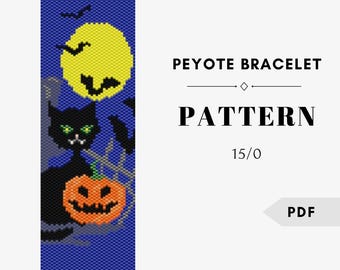 Halloween Cat & Pumpkins Peyote Bracelet Pattern (PDF Download)