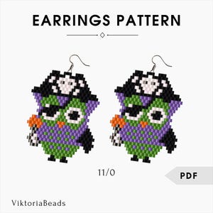 May include: Pixelated owl earrings with a Halloween theme. The earrings have a black hat with a skull, green and purple body, and orange details. The text "EARRINGS PATTERN" is at the top of the image.