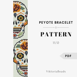 Sugar Skull bracelet peyote stitch pattern even Day of the dead Halloween Beadwork seed beads Cuff bracelet Delica Beading Mexican pattern