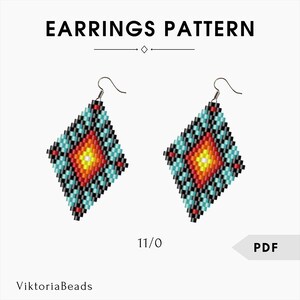 May include: A pair of beaded earrings with a diamond pattern. The earrings feature a central design in yellow, orange, and red, surrounded by turquoise and black beads. The text "EARRINGS PATTERN" is at the top.