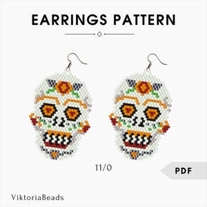 Calavera Sugar Skull earrings pattern peyote Brick Stitch dangle drop Death&#39;s head Mexican Day of the dead | Halloween children earrings