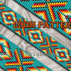 Puede incluir: Un patr&oacute;n de tejido de cuentas con fondo turquesa y dise&ntilde;os geom&eacute;tricos en naranja, amarillo, blanco y negro. El patr&oacute;n est&aacute; etiquetado como "LOOM PATTERN by ViktoriaBeads".