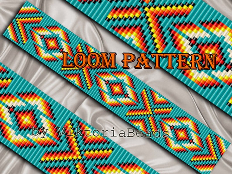 Puede incluir: Un patr&oacute;n de tejido de cuentas con fondo turquesa y dise&ntilde;os geom&eacute;tricos en naranja, amarillo, blanco y negro. El patr&oacute;n est&aacute; etiquetado como "LOOM PATTERN by ViktoriaBeads".
