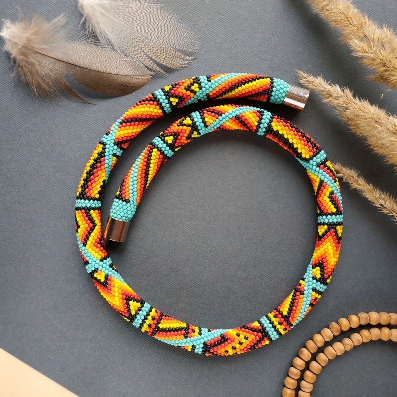 Native American Inspired Beadwork Necklace, Geometric Boho Beaded ...