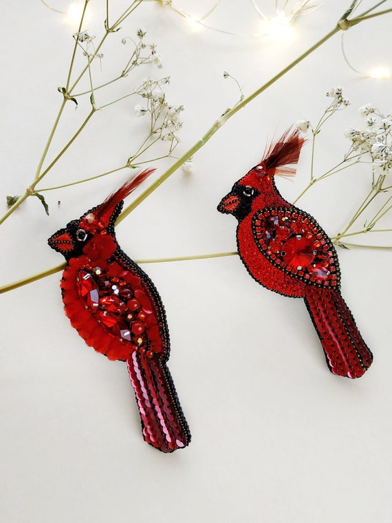 Red Cardinal Bird Brooch Northern Cardinal Beadwork Embroidery