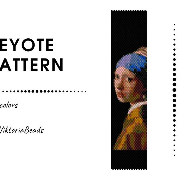 Mädchen mit einem Perlenohrring inspiriertes Peyote-Muster, Kunstbild Jan Vermer Armband, Schwarze Perlenstickerei Delica Rocailles Manschette