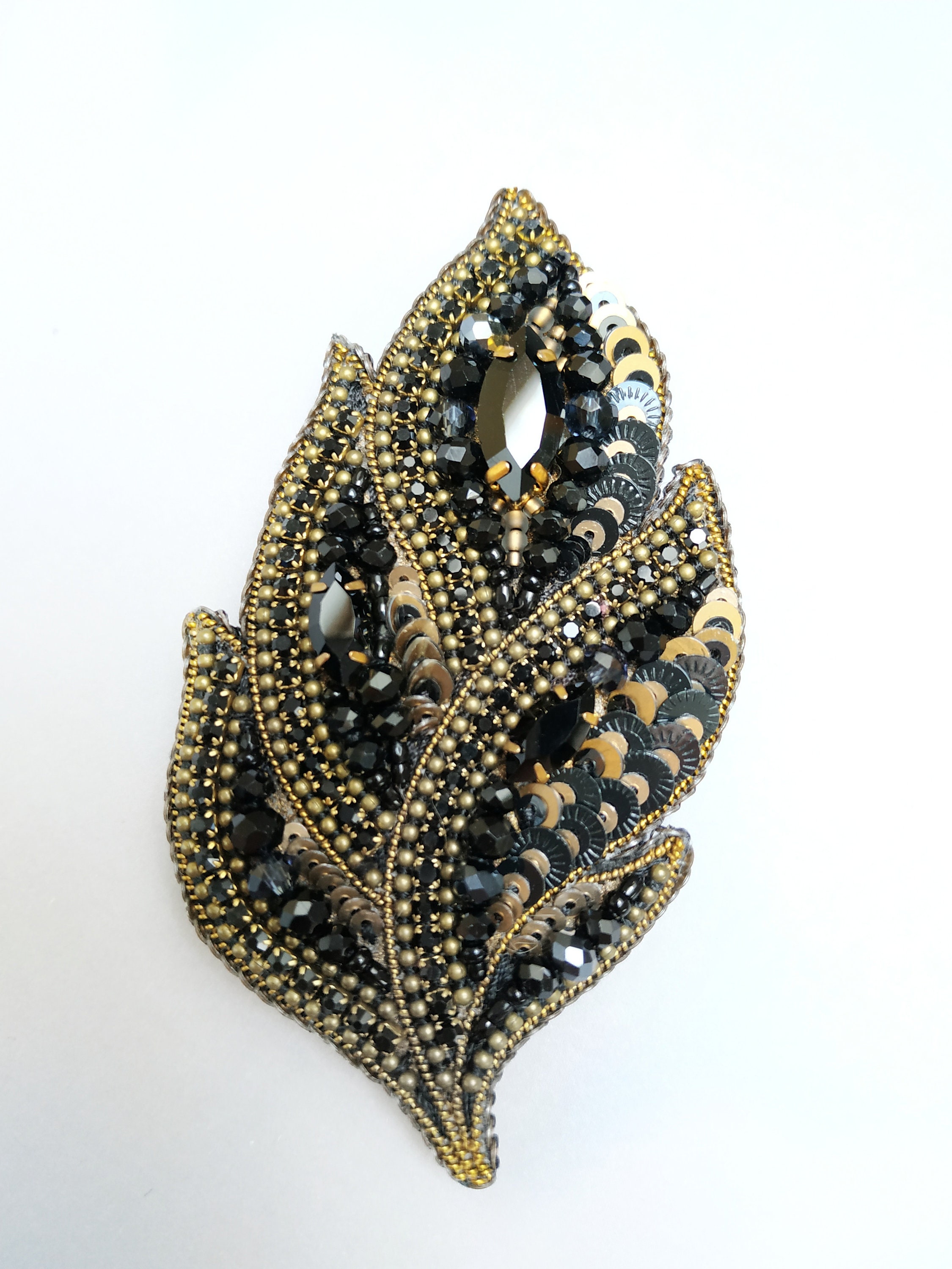 Black Gold Copper Plant Beadwork Embroidery Brooch, Crystal Beaded ...