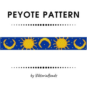 May include: A Peyote pattern design featuring a repeating pattern of yellow suns and crescent moons on a dark blue background. The text "PEYOTE PATTERN" is at the top, with "by ViktoriaBeads" at the bottom.