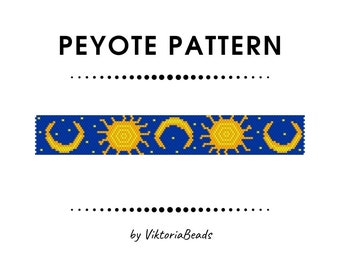May include: A Peyote pattern design featuring a repeating pattern of yellow suns and crescent moons on a dark blue background. The text "PEYOTE PATTERN" is at the top, with "by ViktoriaBeads" at the bottom.