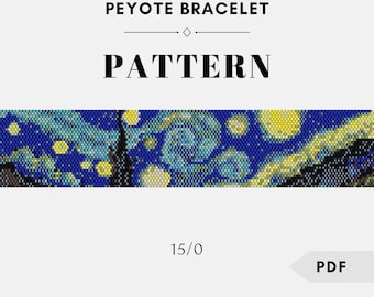 May include: A digital pattern for a peyote bracelet featuring a starry night design in shades of blue and yellow. The word "PATTERN" is displayed in bold, black text. The text "15/0" and "PDF" are also visible. The designer's name, ViktoriaBeads, is at the bottom.