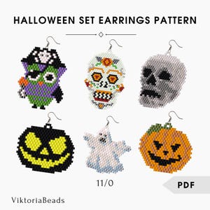 Halloween set of 6 earrings pattern peyote Brick Stitch dangle drop Calavera Sugar Skull Jack pumpkins Ghost Owl | Craft Gift