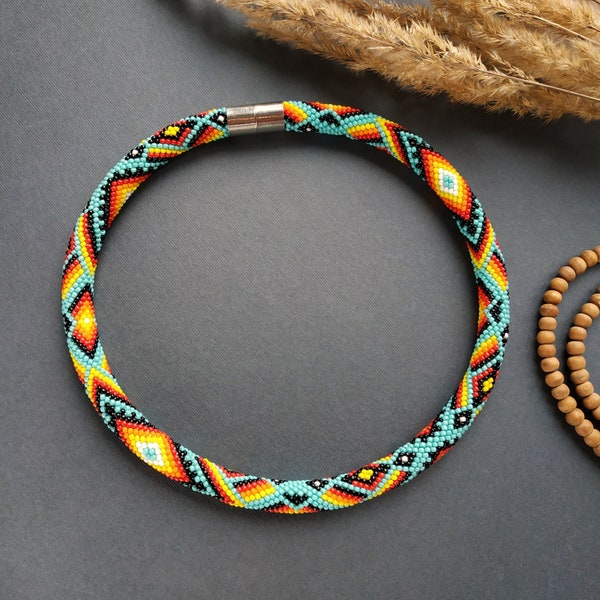 Native American inspired beadwork necklace, Geometric boho beaded crochet rope southwestern jewelry | Gift for man, woman