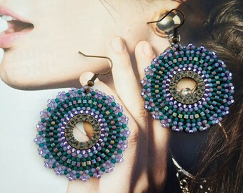 Purple green mandala dangle earrings, Boho yoga circle long jewelry, Gypsy festival | Gift for bohemian women