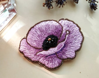 Lilac poppy flower beadwork embroidery brooch, Violet hand needle beaded jewelry, Light pin for hat or dress | Gift for women