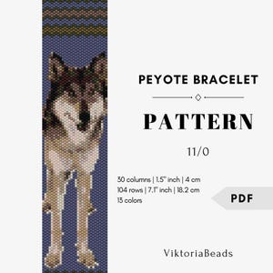 Könnte beinhalten: Ein digitales PDF-Muster für ein Peyote-Armband mit Wolfsmotiv. Das Muster umfasst 30 Spalten, 4 cm breit, und 104 Reihen, 18,2 cm lang, mit 13 Farben. Der Text "PEYOTE BRACELET PATTERN" ist angezeigt.