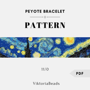 Starry night inspired peyote even stitch pattern, Art picture Van Gogh bracelet, Blue beadwork Delica seed beads cuff