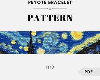 May include: A digital PDF pattern for a peyote bracelet featuring a pixelated art design of a starry night sky with swirling blue clouds, bright yellow stars, and dark silhouettes. The text reads PEYOTE BRACELET PATTERN, 11/0, PDF, and ViktoriaBeads.