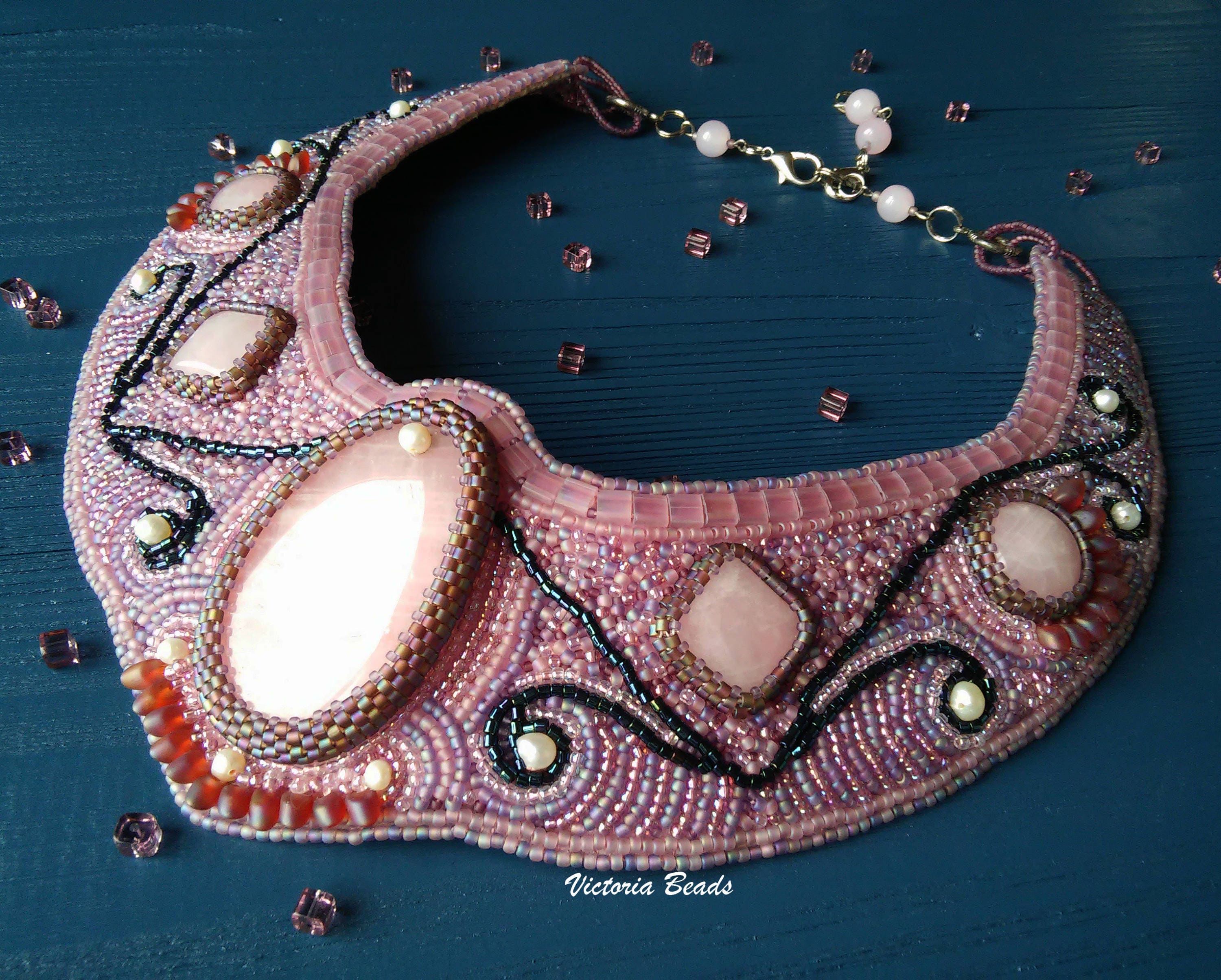 Rose quartz embroidery necklace Natural stones pearls pink Etsy
