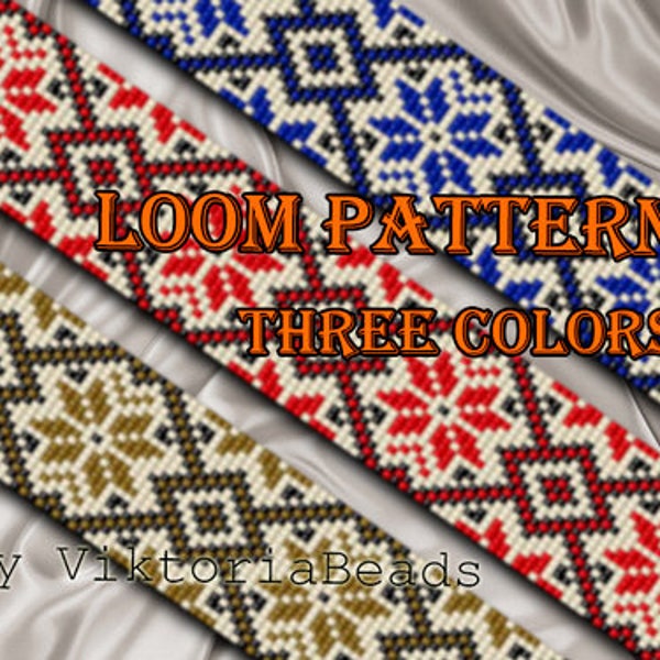 Ukrainian embroidery loom Square stitch pattern Red Blue Bracelet Beading pattern Beadwork seed beads Delica Flowers ornament Native