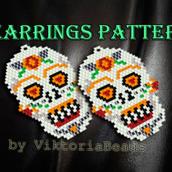 Calavera Sugar Skull earrings pattern peyote Brick Stitch dangle drop Death's head Mexican Day of the dead | Halloween children earrings