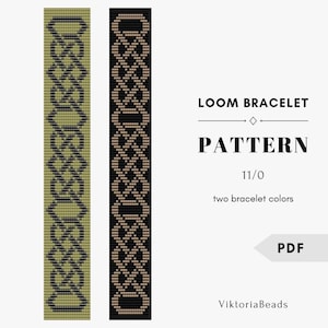 May include: A loom bracelet pattern in two color variations: olive green and black with a tan design. The pattern includes the text "LOOM BRACELET PATTERN 11/0" and "two bracelet colors" with a PDF download option. The pattern is from ViktoriaBeads.