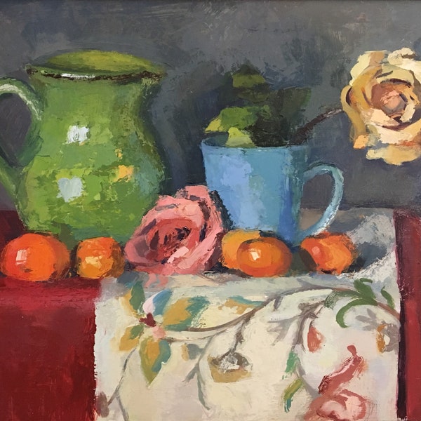 Clementine Rose Still Life Oil Painting Original Painting Framed Ready to Hang artwork Kitchen Food Unique Colorful Home Decor Gift 11x14"