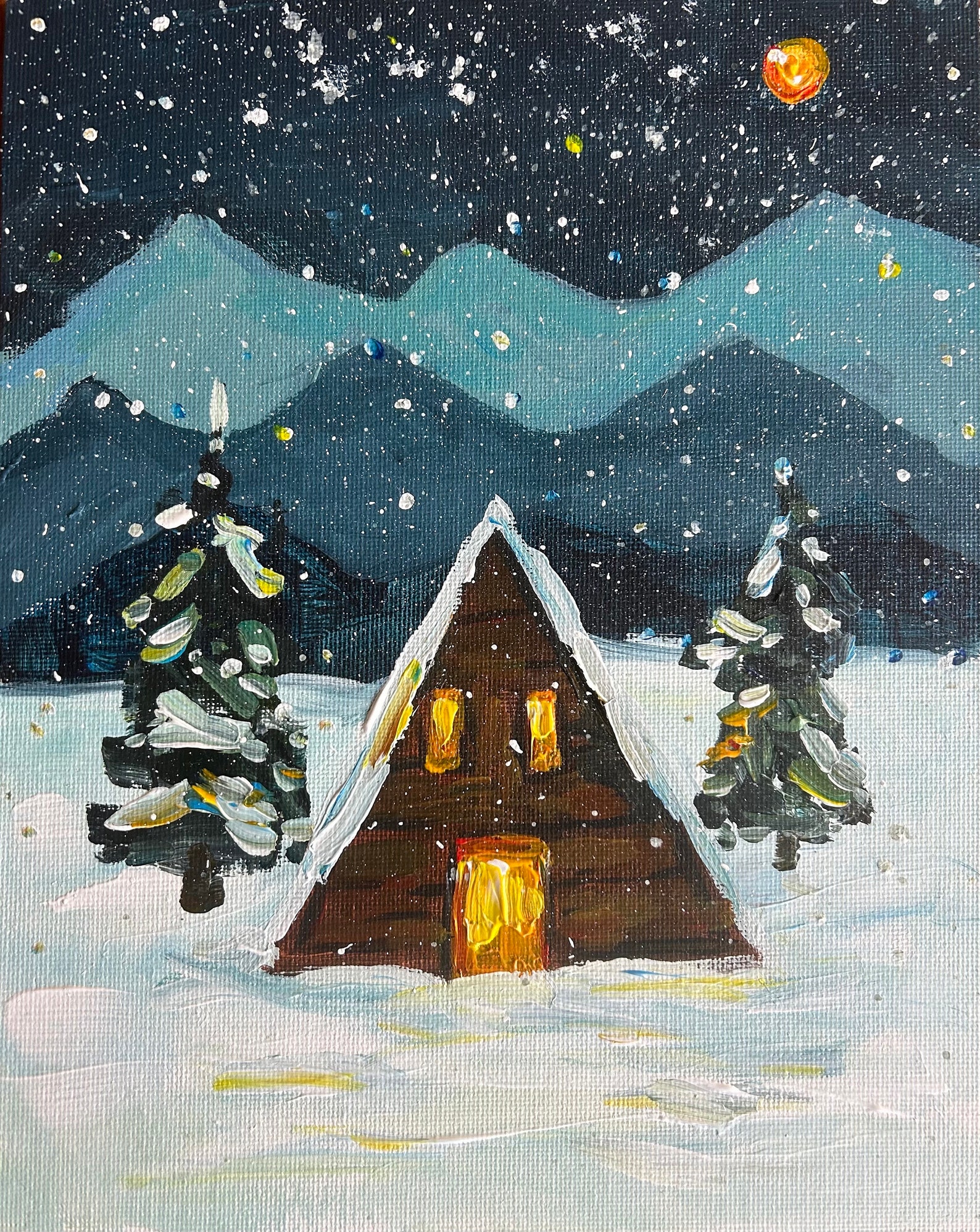 Snowy Mountain Cabin Acrylic Painting on Canvas Panel - Etsy