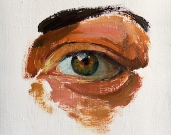Puede incluir: Un primer plano de un ojo pintado con un iris verde y párpados marrones. El ojo está pintado en un estilo realista con pinceladas visibles.