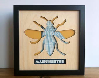 Manchester bee gift, Manchester Bee-tham Tower laser cut plywood sign, Manchester art, Manchester wall art, Manchester gift 23x23cm unframed