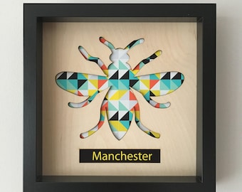 Manchester Bee geometric unframed lasercut plywood art, Map Art Print, Manchester gift, Manchester wall art, Location Gift, lasercut wood