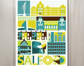 Turquoise Salford Art Print, Salford wall art, Salford art poster, Salford gift, Media City, Manchester Poster A4, 8 x 10 inch print