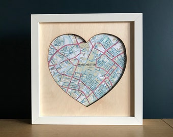 Love Heart Manchester Map Gift,  Manchester map laser cut heart shape plywood sign, Manchester art, Manchester unframed gift 23x23cm