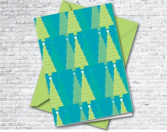 Make your own Contemporary Christmas Cards, blue-green Christmas Tree Art Cards, instant download