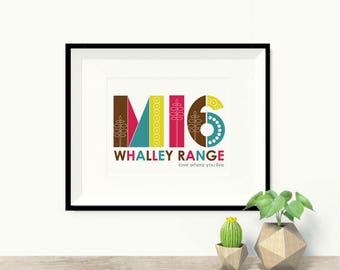 Manchester Art, M16 Whalley Range Postcode Art Print, magenta-lime, blue-green, contemporary fun colourful digital location wall art , A4