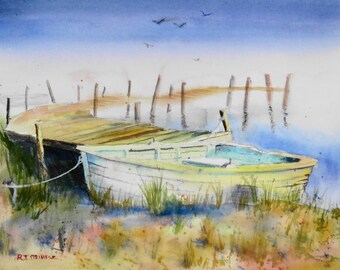 May include: A watercolor painting of a small white boat tied to a wooden dock. The boat is partially submerged in the water, and the dock is made of weathered wood. The water is a light blue color, and the sky is a pale blue. There are a few birds flying in the sky.