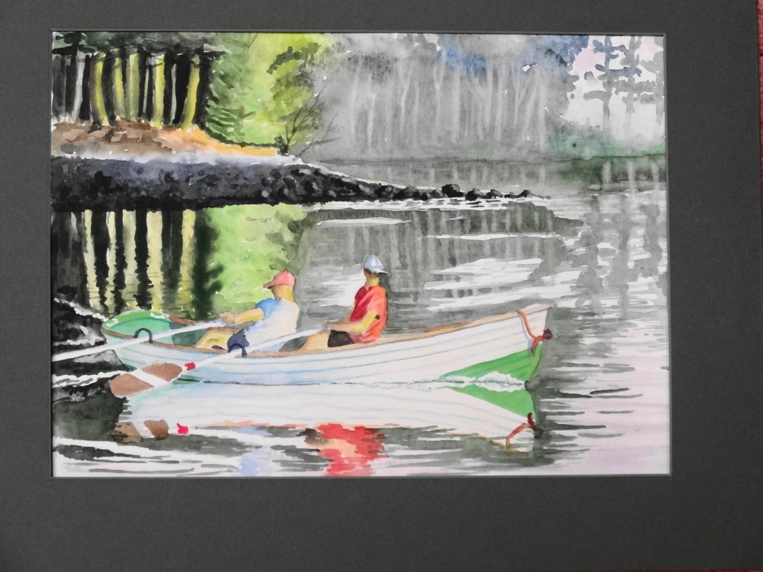 Rowing Boat Watercolor Art – Ocean Coastline Maine Island Misty Trees ...