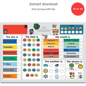 Calendrier imprimable pour les enfants, mon premier calendrier pour enfants, téléchargement numérique, tableau météo d'apprentissage, cadeau de super-héros pour les garçons