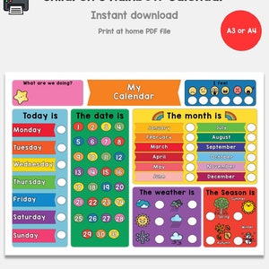 Kids Rainbow Calendar Printable, My First Calendar, Digital Download, Childrens Learning Planner, Rainbow Kids Room Decor, Routine Chart