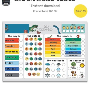 Dinosaure imprimable pour les enfants, Mon premier calendrier pour enfants, Téléchargement numérique, Tableau météo d’apprentissage, Cadeau fait à la main pour les garçons