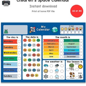 Calendrier de l'espace pour enfants, téléchargement numérique, calendrier pour enfants imprimable, tableau météo d'apprentissage, mon premier calendrier
