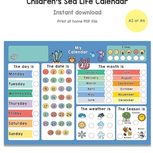 Calendrier imprimable pour les enfants, mon premier calendrier pour enfants, téléchargement numérique, tableau météo d'apprentissage, cadeau fait main, sous la mer