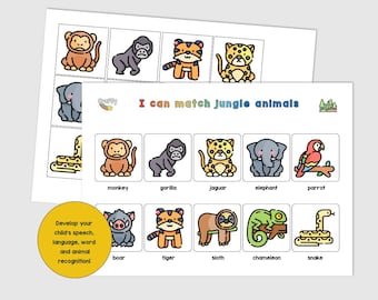 Matching Jungle Animals Toddler Activity, Digital Download Printable Busy Book Montessori Learning Activity