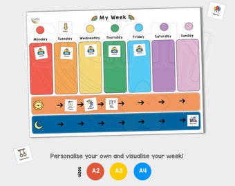 May include: A printable weekly planner for kids featuring a colorful rainbow design with days of the week labeled. The planner includes sections for "My Week", "Today", and "Party".