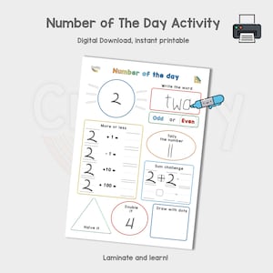 Number of the Day, Preschool Maths, Kindergarten Numbers, Childrens Number Practice, Learning Printable, Maths Digital Download, Teacher