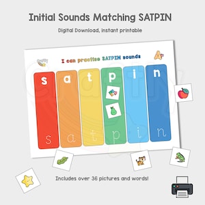 Coincidencia de sonidos iniciales imprimible, Fonética para niños, Actividad educativa para niños, Aprendizaje escolar, Letras SATPIN, Descarga digital