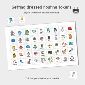 Può includere: Un set di gettoni stampabili per la routine di vestizione. I gettoni presentano illustrazioni colorate di indumenti, accessori e azioni come indossare i vestiti. I gettoni sono progettati per aiutare i bambini a imparare i passaggi per vestirsi.